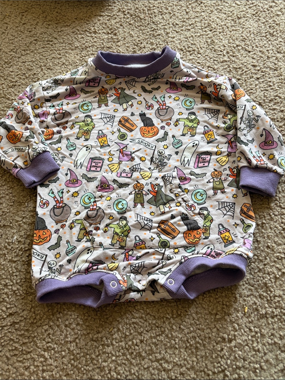B65 Little Bird Bamboo 18-24 Halloween Print Romper with Lavender Trim